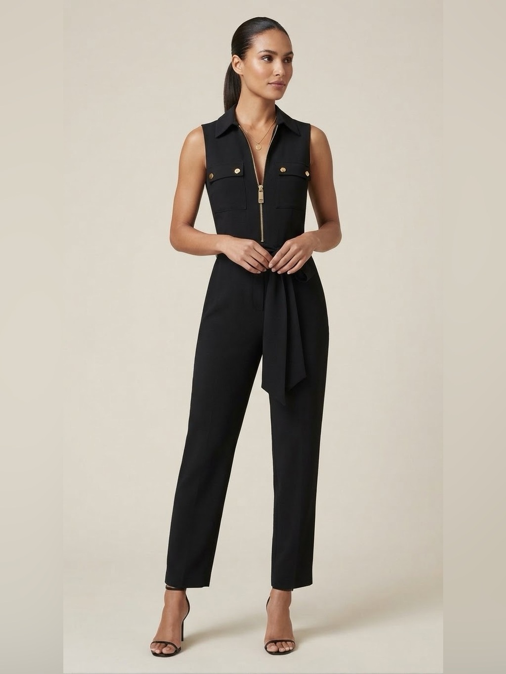 MICHAEL Michael Kors Black Sleeveless Utility Zip-Front Jumpsuit with belt